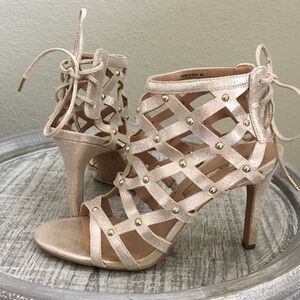 Audrey Brooke Rose Gold Studded Lattice High Heel Sandals